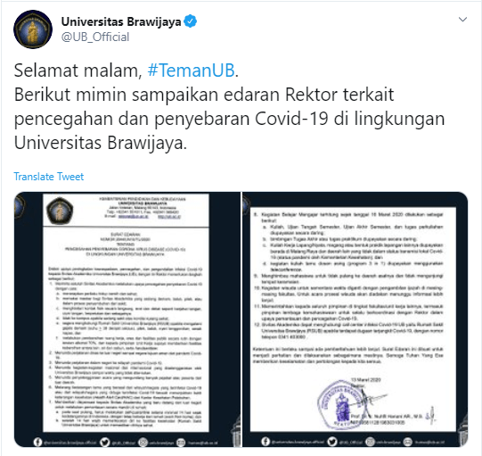 Upaya Universitas Brawijaya Tekan Penyebaran Virus Corona di Lingkungan Kampus