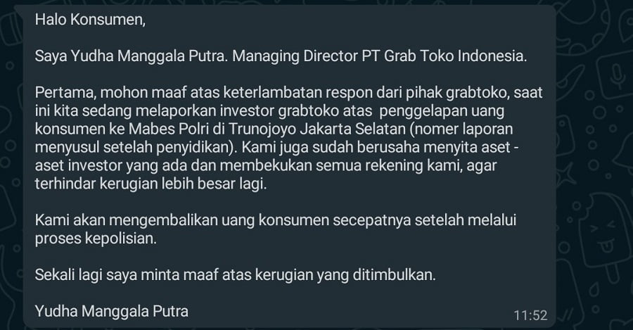 Tuding Investor Bawa Kabur Uang Konsumen, Grabtoko Cuci Tangan?