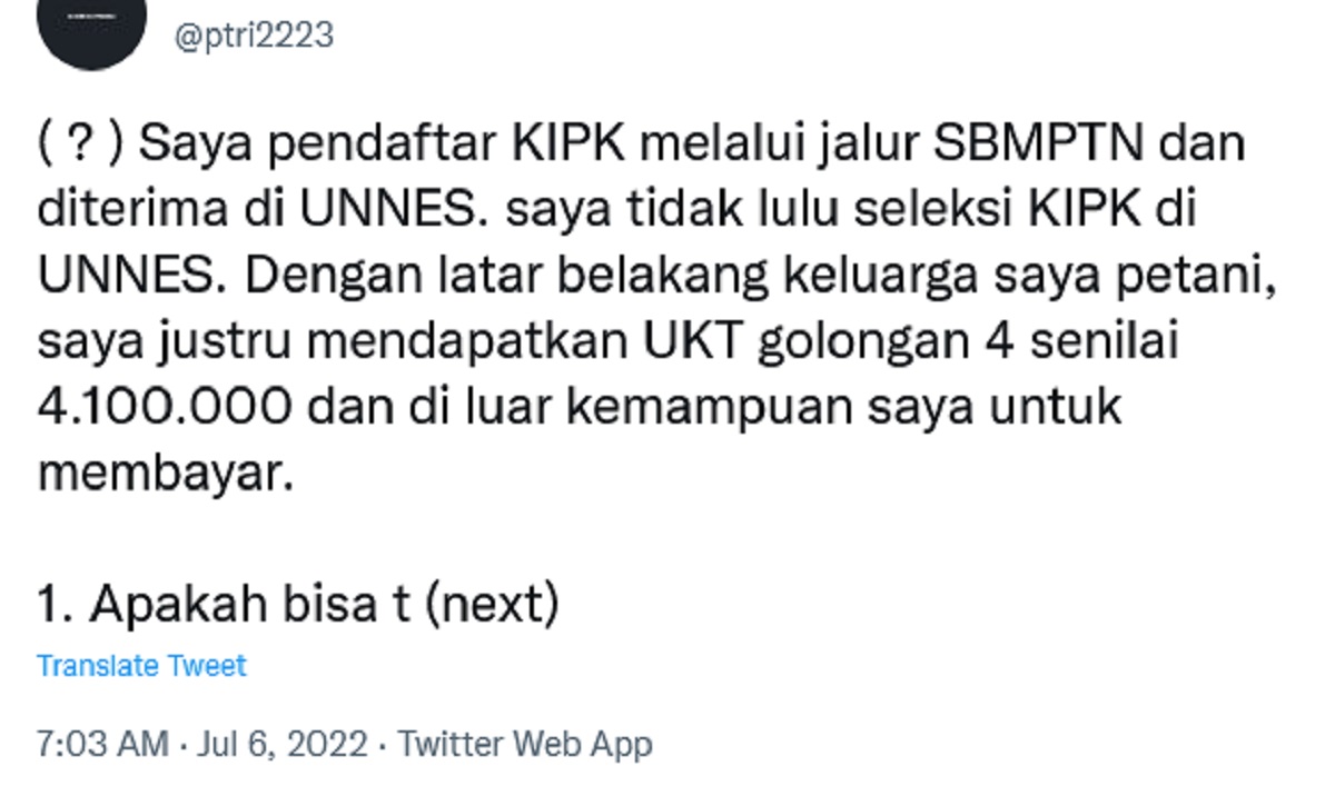 Biaya Kuliah Selangit, Anak Petani Miskin Calon Mahasiswi Unnes Curhat di Twitter