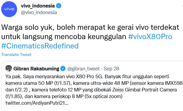 Viral, Gibran Rekomendasikan vivo X80 Pro 5G